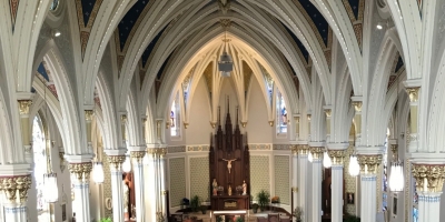 view from above of the church's nave and sanctuary